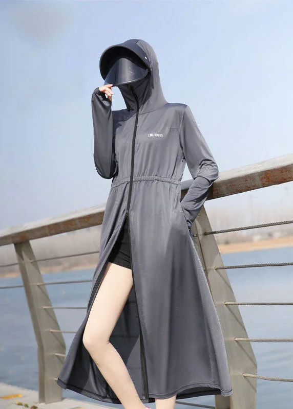 Hooded women's puffer coats in neon colors for high - visibility sportsItalian Grey Hooded Pockets Zippered Patchwork Ice Silk UPF 50+ Coat Summer Hooded women's puffer coats in neon colors for high - visibility sportsItalian Grey Hooded Pockets Zippered Patchwork Ice Silk UPF 50+ Coat Summer