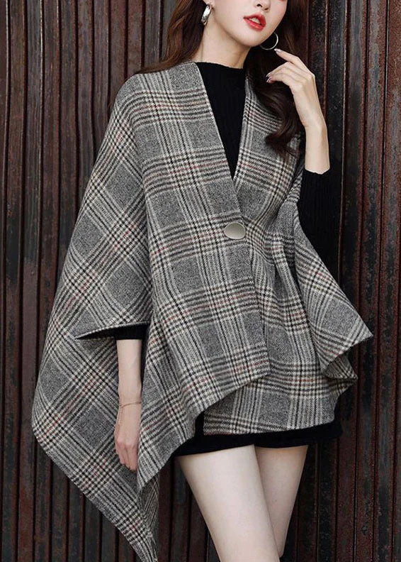 Embroidered women's cotton coats in a bohemian pattern for a unique designItalian Grey V Neck Asymmetrical Design Plaid Woolen Coats Fall Embroidered women's cotton coats in a bohemian pattern for a unique designItalian Grey V Neck Asymmetrical Design Plaid Woolen Coats Fall