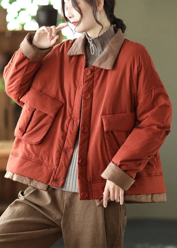 Women's reversible down coats with two - tone designs for versatile stylingItalian Red Peter Pan Collar Pockets Patchwork Fine Cotton Filled Parka Jacket Winter Women's reversible down coats with two - tone designs for versatile stylingItalian Red Peter Pan Collar Pockets Patchwork Fine Cotton Filled Parka Jacket Winter
