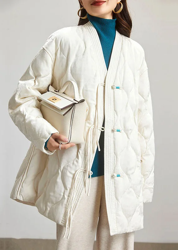 Long women's mac coats in a lightweight fabric for spring showersJacquard Beige V Neck Button Patchwork Duck Down Coat Spring Long women's mac coats in a lightweight fabric for spring showersJacquard Beige V Neck Button Patchwork Duck Down Coat Spring