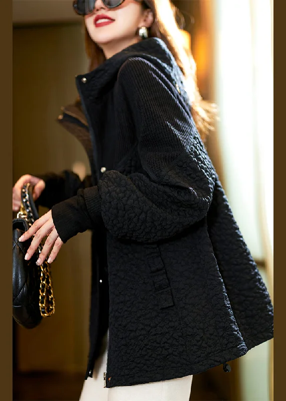 Women's knee - length wool blend coats with a fur collar for added warmthJacquard Black Hooded Pockets Patchwork Cotton Coats Long Sleeve Women's knee - length wool blend coats with a fur collar for added warmthJacquard Black Hooded Pockets Patchwork Cotton Coats Long Sleeve