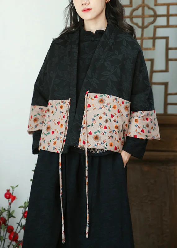 Oversized women's wool coats in a monochromatic look for a trendy outfitJacquard Black Lace Up Print Cotton Filled Coat Fall