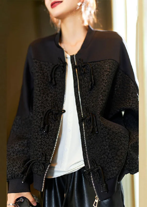 Water - resistant women's trench coats with adjustable cuffs for rainy daysJacquard Black O-Neck Zippered Pockets Coats Fall Water - resistant women's trench coats with adjustable cuffs for rainy daysJacquard Black O-Neck Zippered Pockets Coats Fall