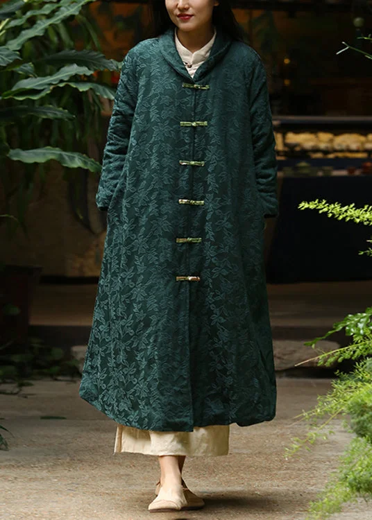Women's pea coats with brass buttons for a nautical - inspired styleJacquard Blackish Green Button Pockets Warm Fleece Long Coat Winter