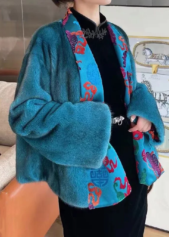 Women's cropped leather coats with silver studs for an edgy lookJacquard Blue Silk Patchwork Mink Hair Coats Long Sleeve Women's cropped leather coats with silver studs for an edgy lookJacquard Blue Silk Patchwork Mink Hair Coats Long Sleeve