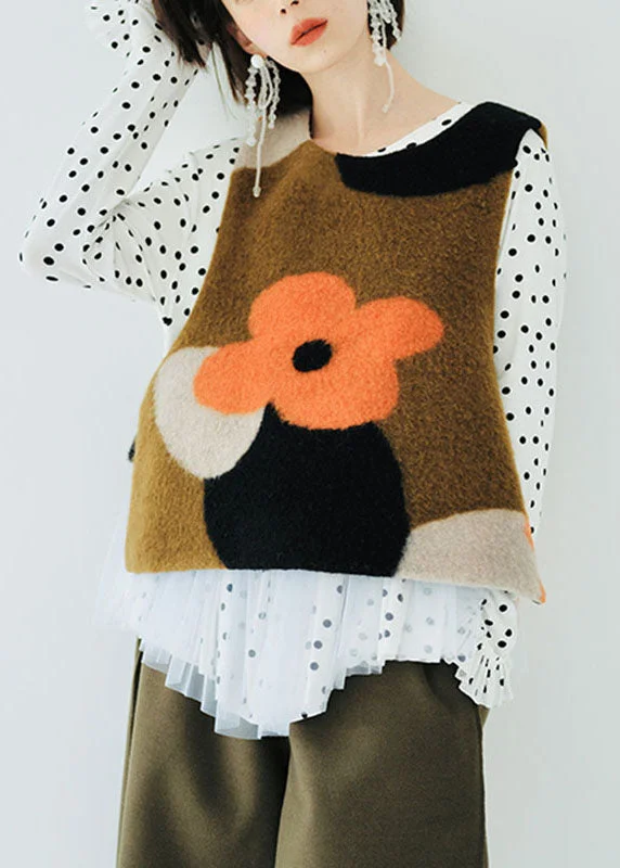 Petite women's wool blend coats with a tailored fit for a flattering silhouetteJacquard Brown O-Neck Floral Woolen Waistcoat Sleeveless Petite women's wool blend coats with a tailored fit for a flattering silhouetteJacquard Brown O-Neck Floral Woolen Waistcoat Sleeveless