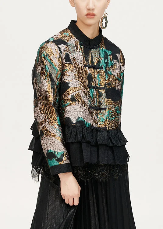 Mid - length women's down coats in a slim fit for a modern and sleek appearanceJacquard Coffee Ruffled Button Cotton Coat Long Sleeve Mid - length women's down coats in a slim fit for a modern and sleek appearanceJacquard Coffee Ruffled Button Cotton Coat Long Sleeve