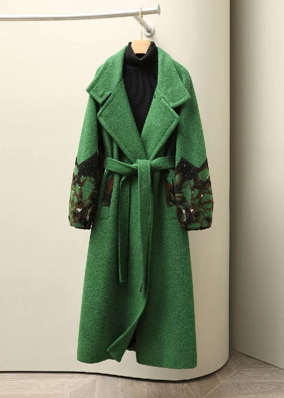 Water - resistant women's trench coats with adjustable cuffs for rainy daysJacquard Green Notched Tie Waist Woolen Long Coats Fall Water - resistant women's trench coats with adjustable cuffs for rainy daysJacquard Green Notched Tie Waist Woolen Long Coats Fall