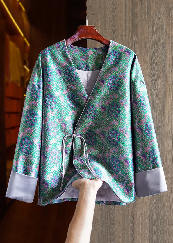 Women's pea coats with brass buttons for a nautical - inspired styleJacquard Green V Neck Chinese Button Patchwork Silk Coats Long Sleeve Women's pea coats with brass buttons for a nautical - inspired styleJacquard Green V Neck Chinese Button Patchwork Silk Coats Long Sleeve