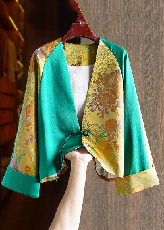 Petite women's wool blend coats with a tailored fit for a flattering silhouetteJacquard Green V Neck Patchwork Button Silk Coats Fall Petite women's wool blend coats with a tailored fit for a flattering silhouetteJacquard Green V Neck Patchwork Button Silk Coats Fall