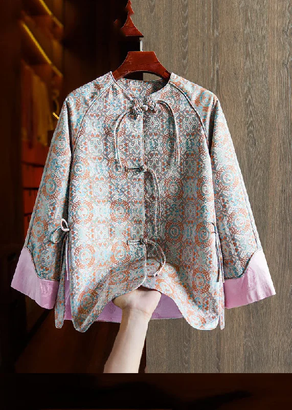 Embroidered women's cotton coats in a bohemian pattern for a unique designJacquard Pink Patchwork Side Open Button Silk Coat Fall Embroidered women's cotton coats in a bohemian pattern for a unique designJacquard Pink Patchwork Side Open Button Silk Coat Fall