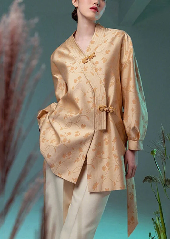 Women's long - sleeve wool coats in a houndstooth pattern for a classic charmJacquard Yellow V Neck Chinese Button Silk Coat Long Sleeve Women's long - sleeve wool coats in a houndstooth pattern for a classic charmJacquard Yellow V Neck Chinese Button Silk Coat Long Sleeve