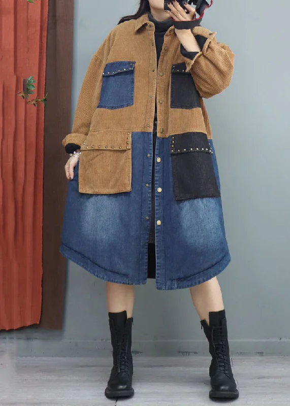 Shearling - lined women's leather coats for ultimate warmth and luxuryKhaki Button Denim Patchwork Long Coats Rivet Long Sleeve Shearling - lined women's leather coats for ultimate warmth and luxuryKhaki Button Denim Patchwork Long Coats Rivet Long Sleeve