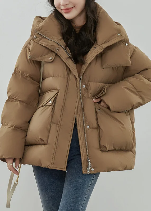 Mid - length women's down coats in a slim fit for a modern and sleek appearanceKhaki Button Patchwork Duck Down Coat Hooded Long Sleeve Mid - length women's down coats in a slim fit for a modern and sleek appearanceKhaki Button Patchwork Duck Down Coat Hooded Long Sleeve