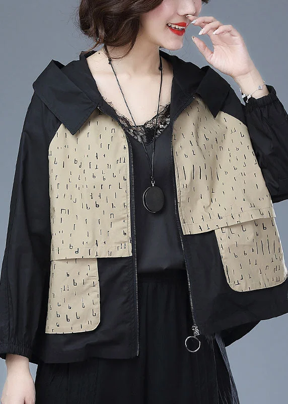Women's longline double - breasted camel coats for a sophisticated lookKhaki Patchwork Cotton Tops Coat Hooded Zippered Print Long Sleeve Women's longline double - breasted camel coats for a sophisticated lookKhaki Patchwork Cotton Tops Coat Hooded Zippered Print Long Sleeve