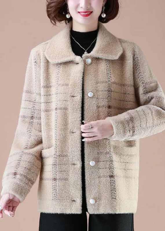 Checkered women's wool coats in a classic pattern for a timeless styleLight Camel Print Mink Hair Knitted Coats Square Collar Button Winter Checkered women's wool coats in a classic pattern for a timeless styleLight Camel Print Mink Hair Knitted Coats Square Collar Button Winter