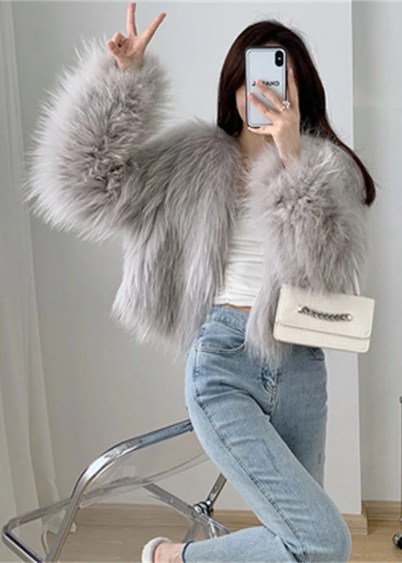 Women's long - sleeve wool coats in a houndstooth pattern for a classic charmLight Grey Patchwork Faux Fur Coat V Neck Winter Women's long - sleeve wool coats in a houndstooth pattern for a classic charmLight Grey Patchwork Faux Fur Coat V Neck Winter