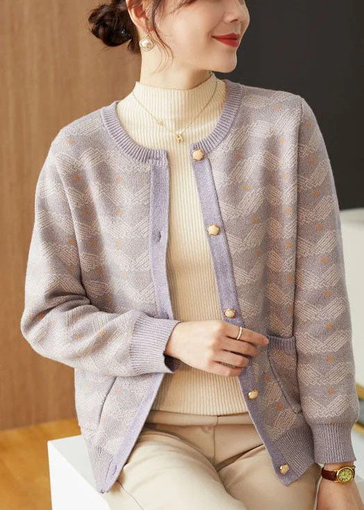 Women's cropped leather coats with silver studs for an edgy lookLight Purple Print Woolen Loose Coat Outwear Pearl Button Fall Women's cropped leather coats with silver studs for an edgy lookLight Purple Print Woolen Loose Coat Outwear Pearl Button Fall