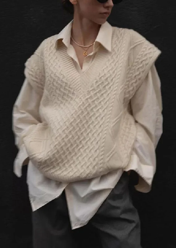 Women's reversible down coats with two - tone designs for versatile stylingLoose Apricot V Neck Patchwork Cable Knit Waistcoat Sleeveless Women's reversible down coats with two - tone designs for versatile stylingLoose Apricot V Neck Patchwork Cable Knit Waistcoat Sleeveless