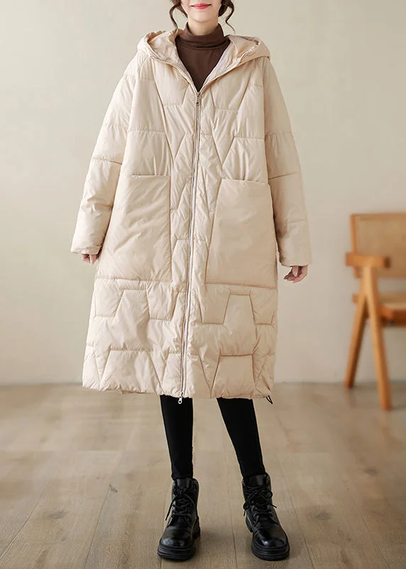 Women's longline double - breasted camel coats for a sophisticated lookLoose Beige Zippered Hooded Fine Cotton Filled Coats Winter Women's longline double - breasted camel coats for a sophisticated lookLoose Beige Zippered Hooded Fine Cotton Filled Coats Winter
