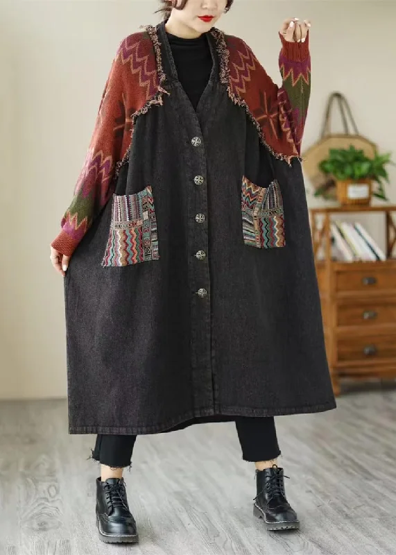 Women's knee - length wool blend coats with a fur collar for added warmthLoose Black Button Knit Patchwork Denim Long Coats Long Sleeve Women's knee - length wool blend coats with a fur collar for added warmthLoose Black Button Knit Patchwork Denim Long Coats Long Sleeve
