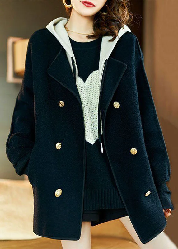 Quilted down women's coats with removable hoods for outdoor activitiesLoose Black Drawstring Patchwork Pockets Woolen Hooded Coats Long Sleeve Quilted down women's coats with removable hoods for outdoor activitiesLoose Black Drawstring Patchwork Pockets Woolen Hooded Coats Long Sleeve