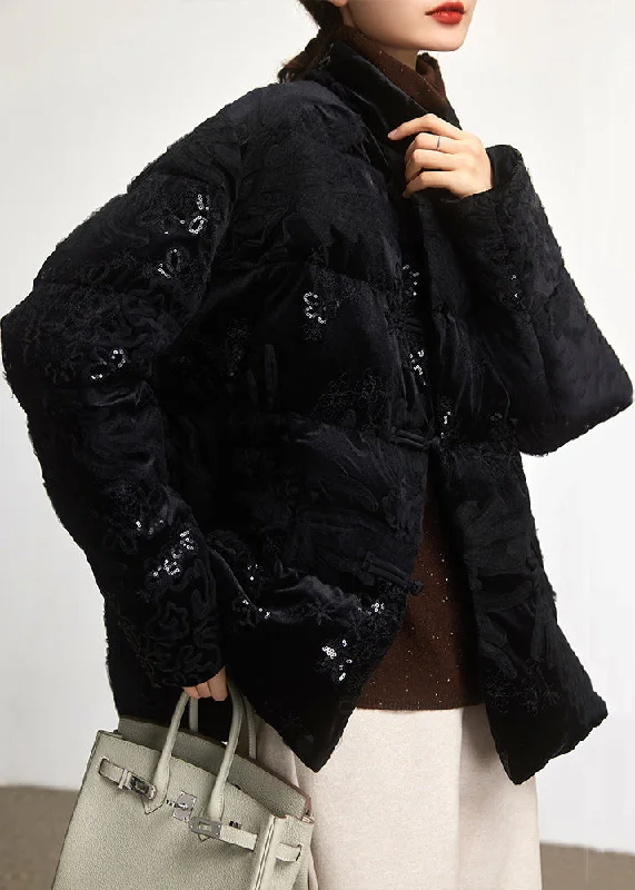Women's knee - length wool blend coats with a fur collar for added warmthLoose Black Embroideried Sequins Duck Down Coat Long Sleeve Women's knee - length wool blend coats with a fur collar for added warmthLoose Black Embroideried Sequins Duck Down Coat Long Sleeve