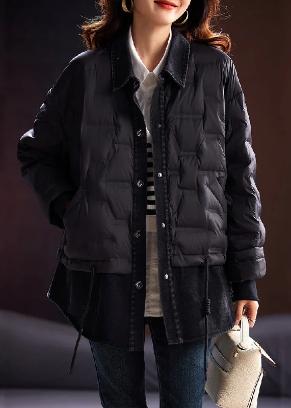 Women's reversible down coats with two - tone designs for versatile stylingLoose Black Lace Up Pockets Patchwork Duck Down Coat Long Sleeve Women's reversible down coats with two - tone designs for versatile stylingLoose Black Lace Up Pockets Patchwork Duck Down Coat Long Sleeve