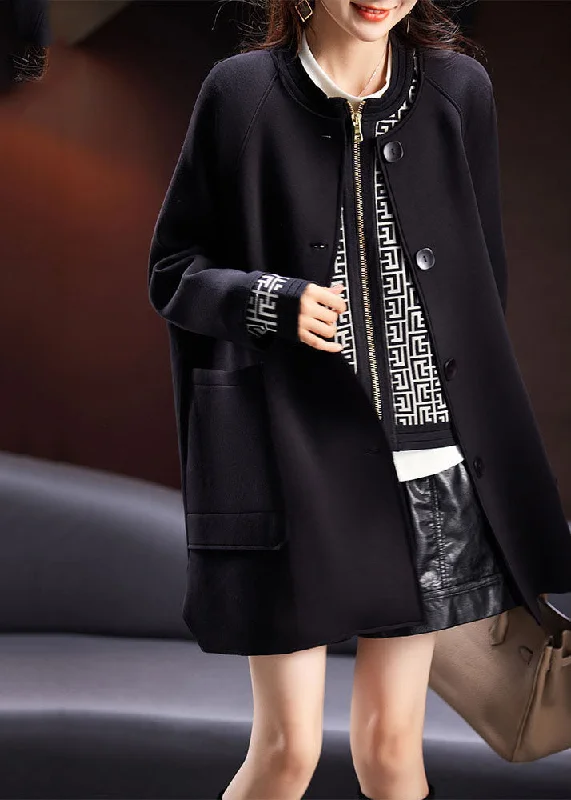 Long women's mac coats in a lightweight fabric for spring showersLoose Black O-Neck Pockets Button Coats Long Sleeve Long women's mac coats in a lightweight fabric for spring showersLoose Black O-Neck Pockets Button Coats Long Sleeve