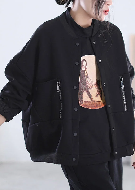 Women's cropped leather coats with silver studs for an edgy lookLoose Black O-Neck Zippered Button Pockets Cotton Coats Long Sleeve Women's cropped leather coats with silver studs for an edgy lookLoose Black O-Neck Zippered Button Pockets Cotton Coats Long Sleeve
