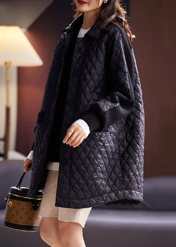 Long women's mac coats in a lightweight fabric for spring showersLoose Black Peter Pan Collar Pockets Cotton Filled Coat Spring Long women's mac coats in a lightweight fabric for spring showersLoose Black Peter Pan Collar Pockets Cotton Filled Coat Spring