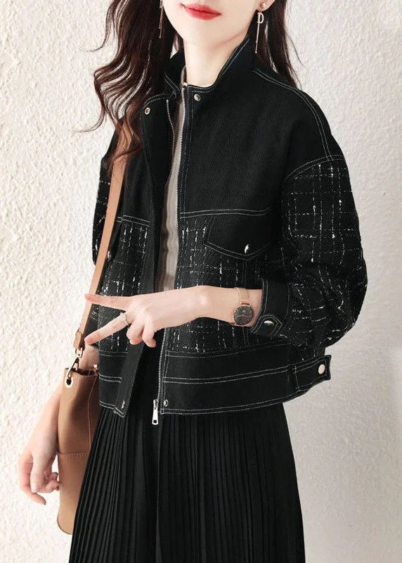 Women's longline double - breasted camel coats for a sophisticated lookLoose Black Plaid Zip Up Patchwork Denim Coat Fall Women's longline double - breasted camel coats for a sophisticated lookLoose Black Plaid Zip Up Patchwork Denim Coat Fall
