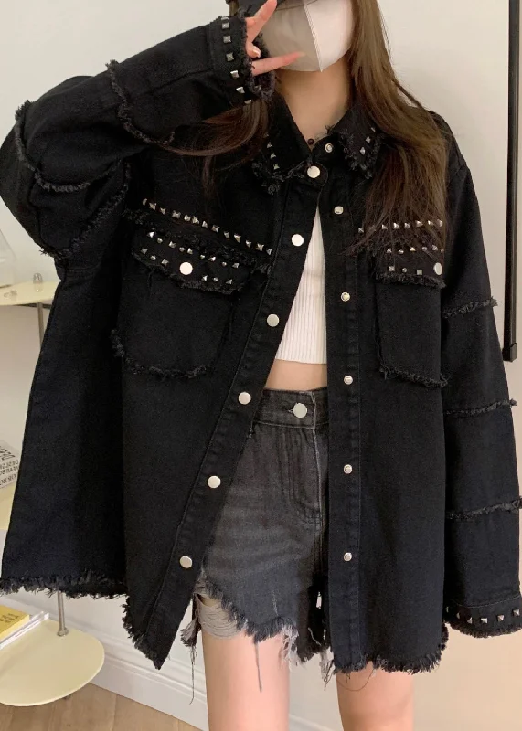 Women's waterproof parka coats with multiple pockets for practicalityLoose Black Pockets Nail Bead Denim Coats Long Sleeve Women's waterproof parka coats with multiple pockets for practicalityLoose Black Pockets Nail Bead Denim Coats Long Sleeve