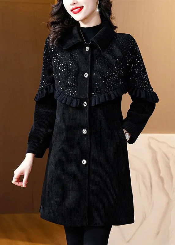 Water - resistant women's trench coats with adjustable cuffs for rainy daysLoose Black Ruffled Sequins Patchwork Thick Coats Spring Water - resistant women's trench coats with adjustable cuffs for rainy daysLoose Black Ruffled Sequins Patchwork Thick Coats Spring