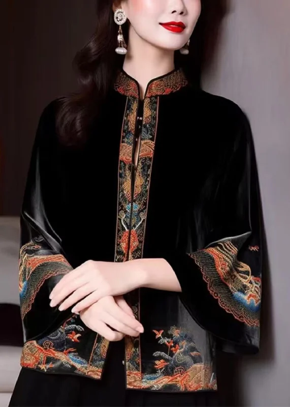 Women's pea coats with brass buttons for a nautical - inspired styleLoose Black Stand Collar Embroideried Silk Velour Coats Flare Sleeve