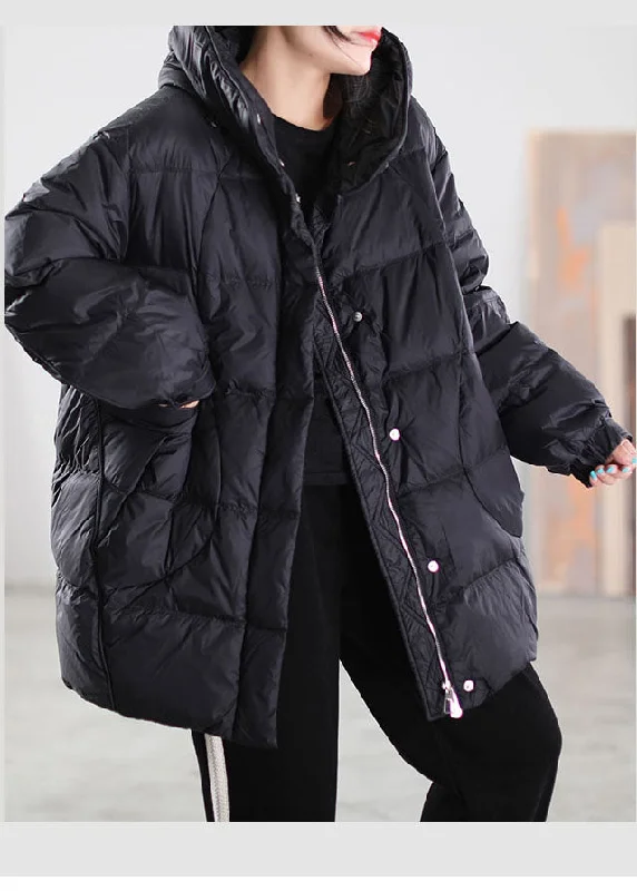 Women's pea coats with brass buttons for a nautical - inspired styleLoose Black wrinkled Pockets drawstring Duck Down Down Jacket Winter