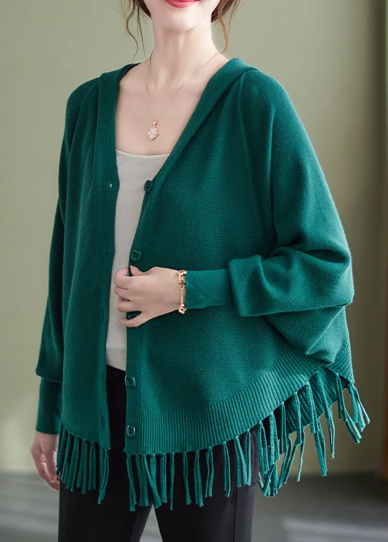 Women's longline double - breasted camel coats for a sophisticated lookLoose Blackish Green Tasseled Button Hooded Knit Coat Spring Women's longline double - breasted camel coats for a sophisticated lookLoose Blackish Green Tasseled Button Hooded Knit Coat Spring