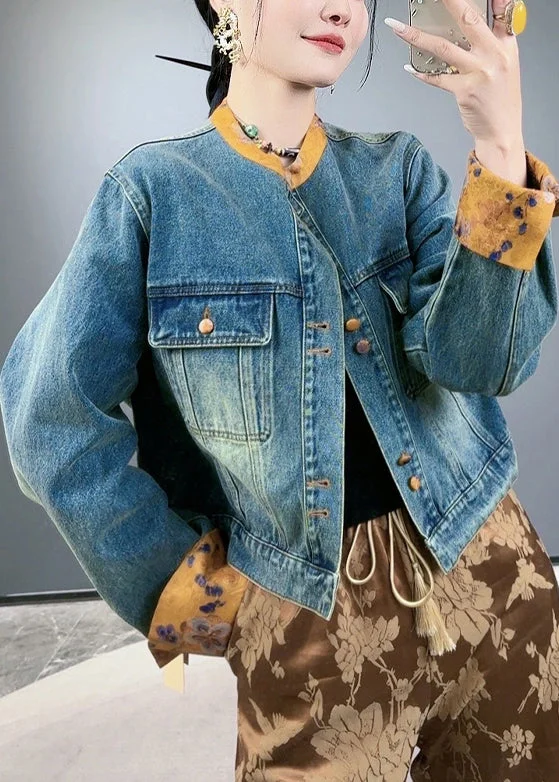Women's pea coats with brass buttons for a nautical - inspired styleLoose Blue Button Pockets Patchwork Denim Coats Spring Women's pea coats with brass buttons for a nautical - inspired styleLoose Blue Button Pockets Patchwork Denim Coats Spring