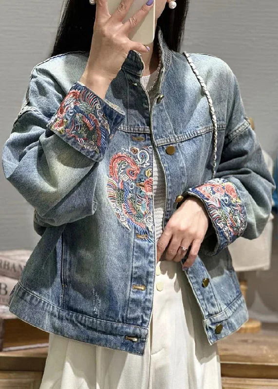 Checkered women's wool coats in a classic pattern for a timeless styleLoose Blue Embroideried Button Patchwork Denim Coat Fall Checkered women's wool coats in a classic pattern for a timeless styleLoose Blue Embroideried Button Patchwork Denim Coat Fall