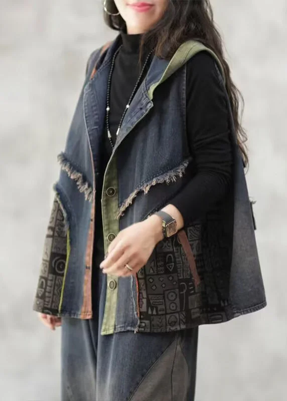 Women's cropped leather coats with silver studs for an edgy lookLoose Blue Hooded Button Patchwork Denim Waistcoat Sleeveless Women's cropped leather coats with silver studs for an edgy lookLoose Blue Hooded Button Patchwork Denim Waistcoat Sleeveless