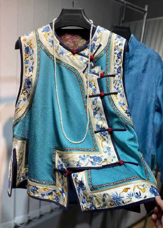 Women's pea coats with brass buttons for a nautical - inspired styleLoose Blue O-Neck Embroideried Floral Patchwork Silk Waistcoat Fall Women's pea coats with brass buttons for a nautical - inspired styleLoose Blue O-Neck Embroideried Floral Patchwork Silk Waistcoat Fall