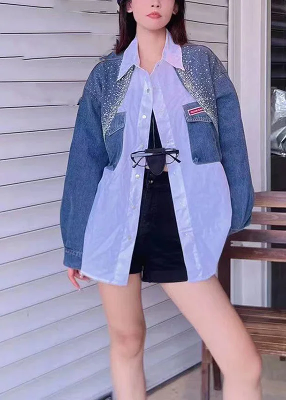 Women's faux fur coats in bright colors for a bold fashion statementLoose Blue Peter Pan Collar Pockets Patchwork Button Denim Coats Fall Women's faux fur coats in bright colors for a bold fashion statementLoose Blue Peter Pan Collar Pockets Patchwork Button Denim Coats Fall