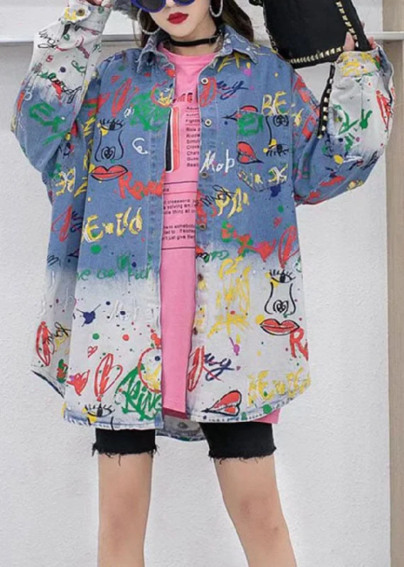 Women's reversible down coats with two - tone designs for versatile stylingLoose Blue Peter Pan Collar Print Patchwork Denim Coat Long Sleeve Women's reversible down coats with two - tone designs for versatile stylingLoose Blue Peter Pan Collar Print Patchwork Denim Coat Long Sleeve