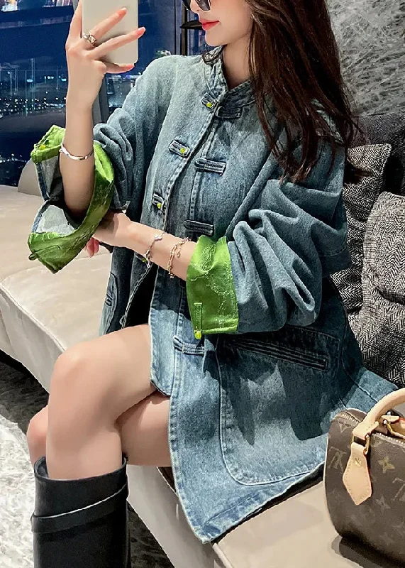 Embroidered women's cotton coats in a bohemian pattern for a unique designLoose Blue Stand Collar Button Pockets Denim Coats Long Sleeve Embroidered women's cotton coats in a bohemian pattern for a unique designLoose Blue Stand Collar Button Pockets Denim Coats Long Sleeve