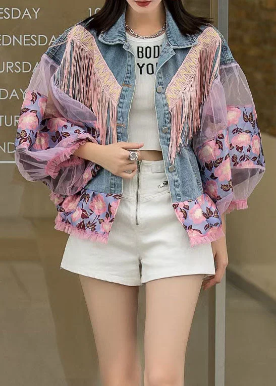 Long women's mac coats in a lightweight fabric for spring showersLoose Blue Tasseled Embroideried Ruffled Patchwork Denim Coat Lantern Sleeve Long women's mac coats in a lightweight fabric for spring showersLoose Blue Tasseled Embroideried Ruffled Patchwork Denim Coat Lantern Sleeve