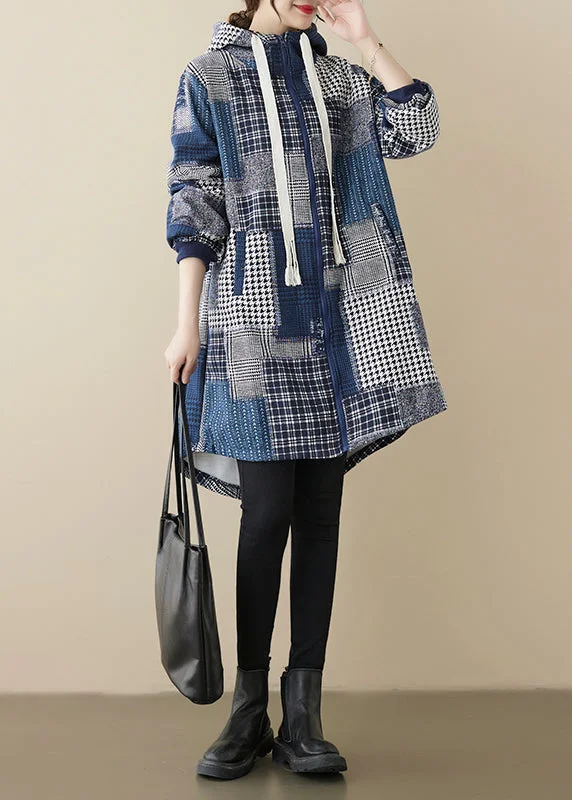 Plus size women's wool blend coats for a warm and stylish winterLoose Blue Zip Up Plaid Patchwork Warm Fleece Hooded Coat Spring Plus size women's wool blend coats for a warm and stylish winterLoose Blue Zip Up Plaid Patchwork Warm Fleece Hooded Coat Spring