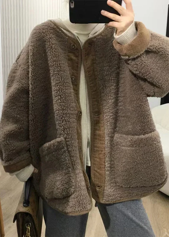 Women's faux fur coats in bright colors for a bold fashion statementLoose Coffee Button Pockets Patchwork Teddy Faux Fur Coats Fall Women's faux fur coats in bright colors for a bold fashion statementLoose Coffee Button Pockets Patchwork Teddy Faux Fur Coats Fall