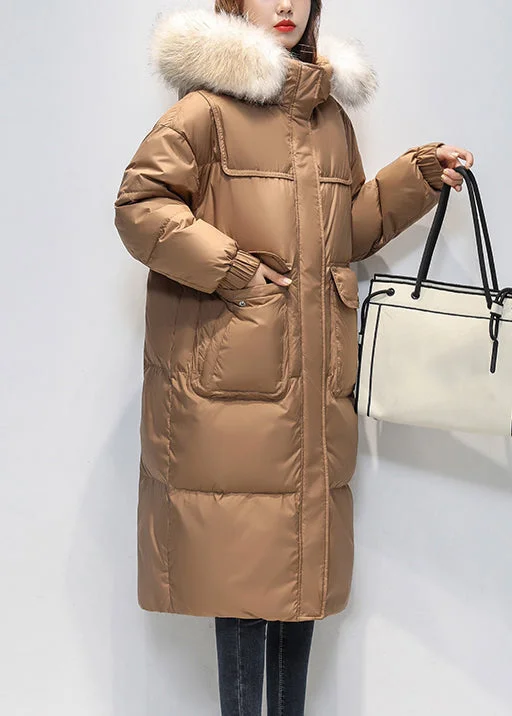 Quilted down women's coats with removable hoods for outdoor activitiesLoose Coffee Fur Collar Hooded Pockets Duck Down Long Coat Winter Quilted down women's coats with removable hoods for outdoor activitiesLoose Coffee Fur Collar Hooded Pockets Duck Down Long Coat Winter