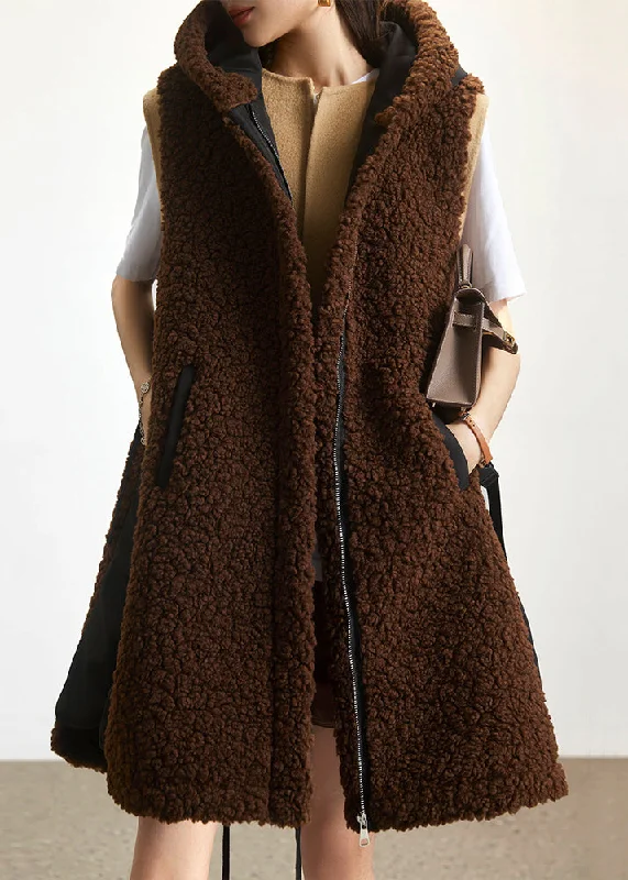 Women's pea coats with brass buttons for a nautical - inspired styleLoose Coffee Hooded Zippered Patchwork Teddy Faux Fur Waistcoat Sleeveless Women's pea coats with brass buttons for a nautical - inspired styleLoose Coffee Hooded Zippered Patchwork Teddy Faux Fur Waistcoat Sleeveless