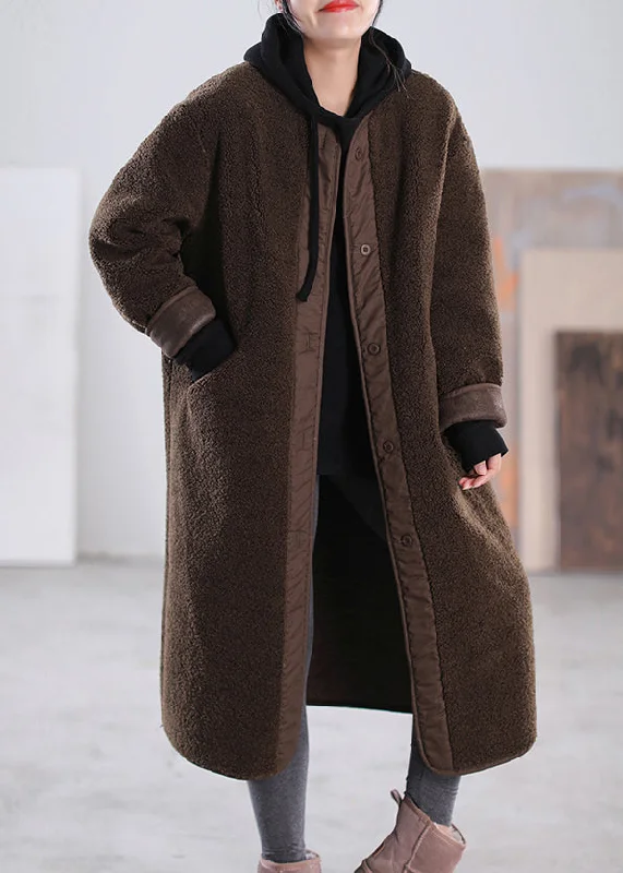 Checkered women's wool coats in a classic pattern for a timeless styleLoose Chocolate O-Neck Patchwork Button Pockets Faux Fur Coats Long Sleeve Checkered women's wool coats in a classic pattern for a timeless styleLoose Chocolate O-Neck Patchwork Button Pockets Faux Fur Coats Long Sleeve